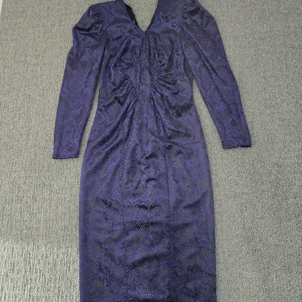 Vintage BABU Paris Purple Snakeskin Bodycon Midi Dress Ruched Goth Glam France